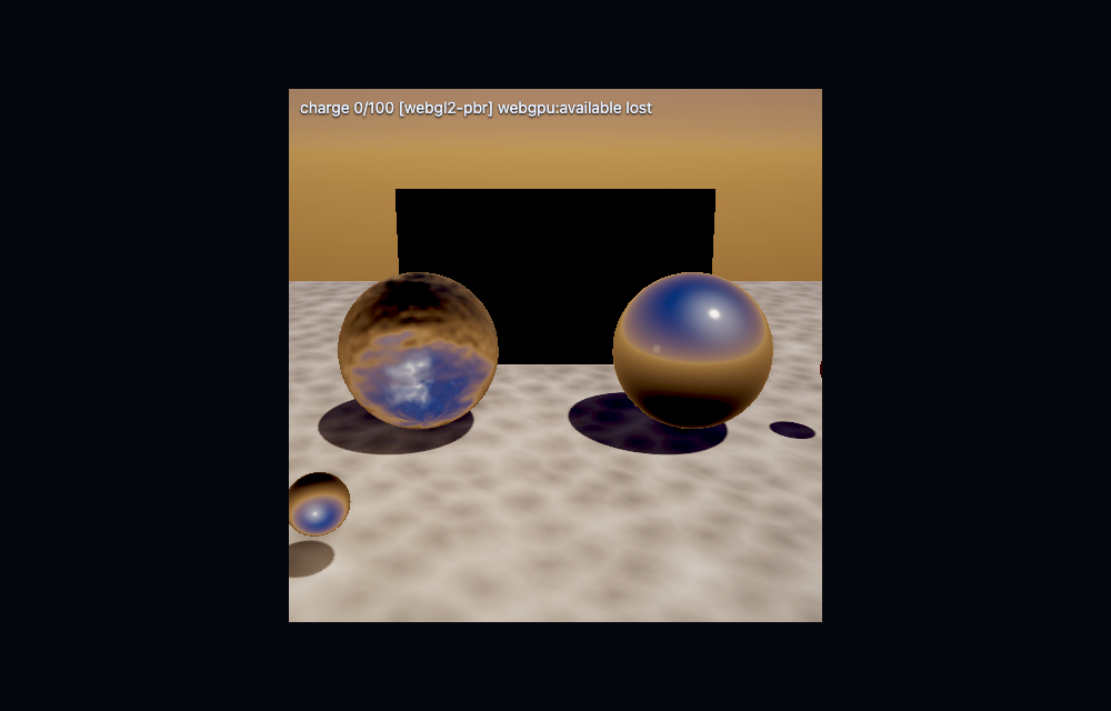 Real-time PBR material render — metallic and dielectric spheres under image-based lighting on a bumped ground plane