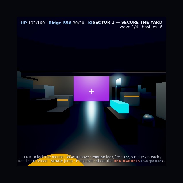 Live WebGL2 gameplay from Circuit Wake — a first-person 3D arena rendered by the browser engine