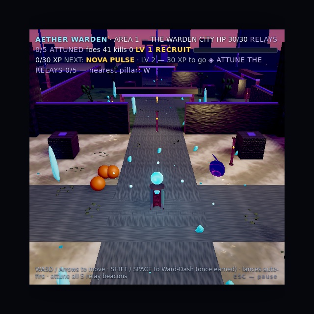 Live WebGL2 gameplay from Aether Warden — a third-person 3D scene in the Warden City rendered by the browser engine