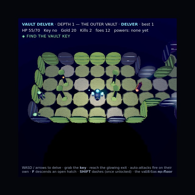 Live WebGL2 gameplay from Vault Delver — a real-time isometric dungeon of the Outer Vault rendered by the browser engine