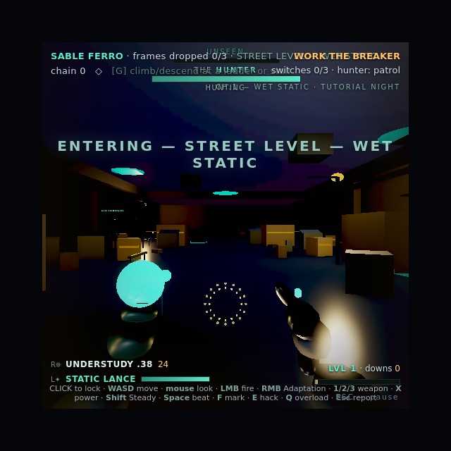 Live WebGL2 gameplay from Null Seal — a first-person 3D street level rendered by the browser engine
