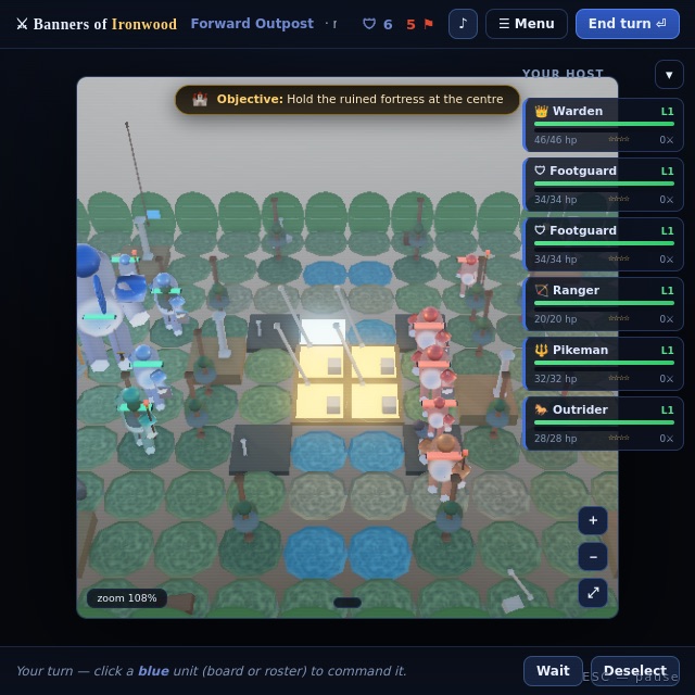 Live WebGL2 gameplay from Banners of Ironwood — a 3D tactical battlefield with rendered terrain and units in the browser engine
