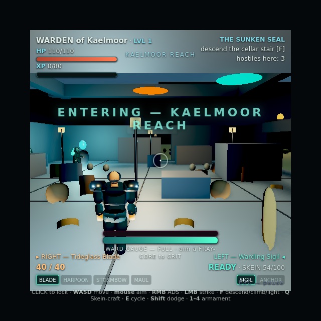 Live WebGL2 gameplay from Vharoth — a third-person 3D action scene in Kaelmoor Reach rendered by the browser engine